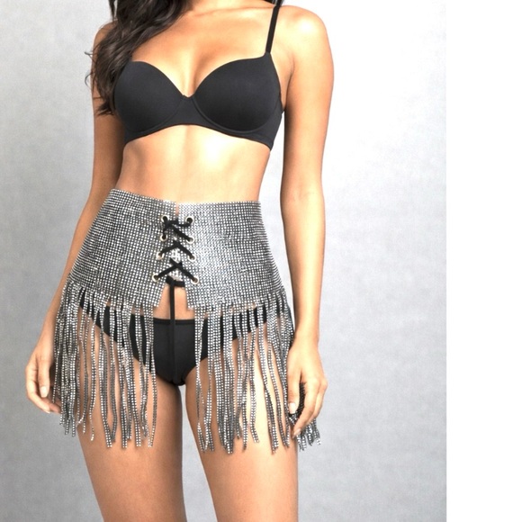 Metallic silver Festival Ready Rhinestone Fringe Skirt - Picture 4 of 10